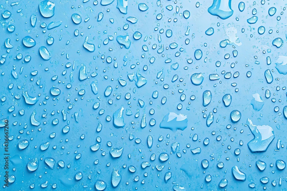 Water droplets on a light blue surface Water droplets on a light blue surface