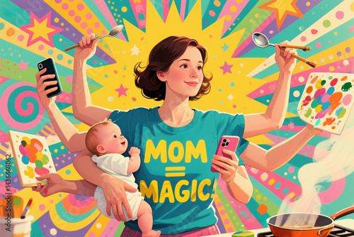Mom=Magic: A vibrant illustration of a multitasking mother, showcasing the joys and challenges of motherhood with a touch of artistic flair. Mother’s Day
