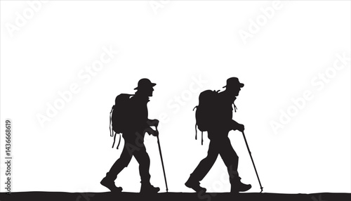 Silhouette vector illustration of black silhouettes of men  with backpacks walking, depicting hiking