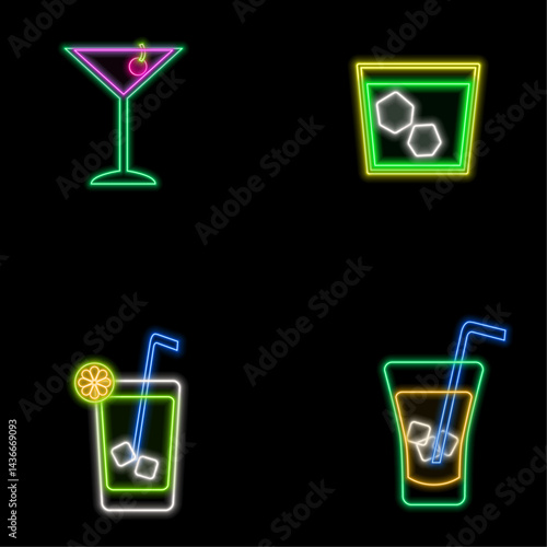 Big set of glowing neon clinking wine, wheskey, champagne, glasses of rum and vodka or tequila. Led light sign for pub signboard