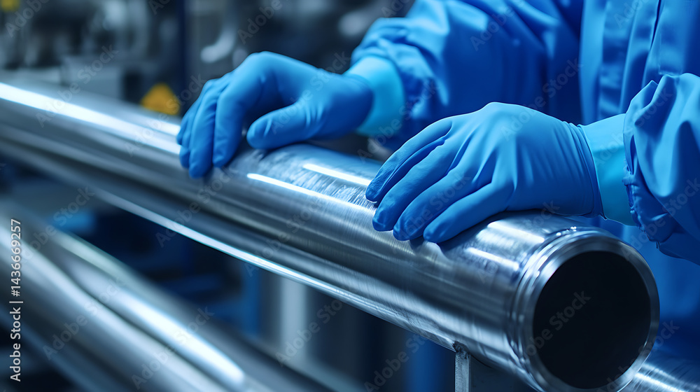 Obraz premium Worker in Blue Gloves Handling a Metal Pipe in an Industrial Setting
