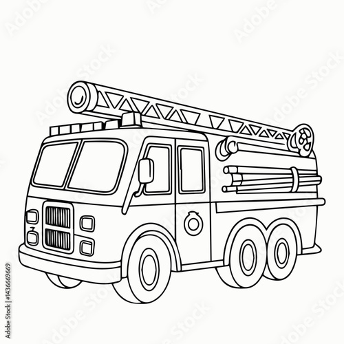 Classic fire truck coloring page illustration for kids simple design art hose line black white child
