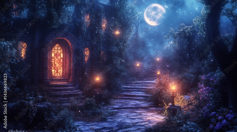 Fototapeta premium Ancient magical hallway with glowing runes and soft moonlight illuminating the path, anime style, nighttime