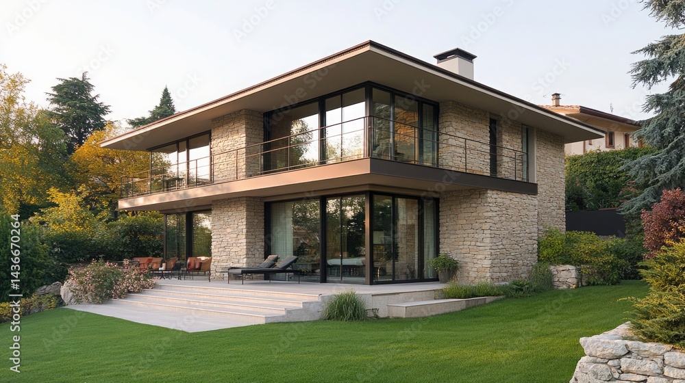 Luxury Modern Stone House with Panoramic View and Green Lawn Luxury Modern Stone House with Panoramic View and Green Lawn