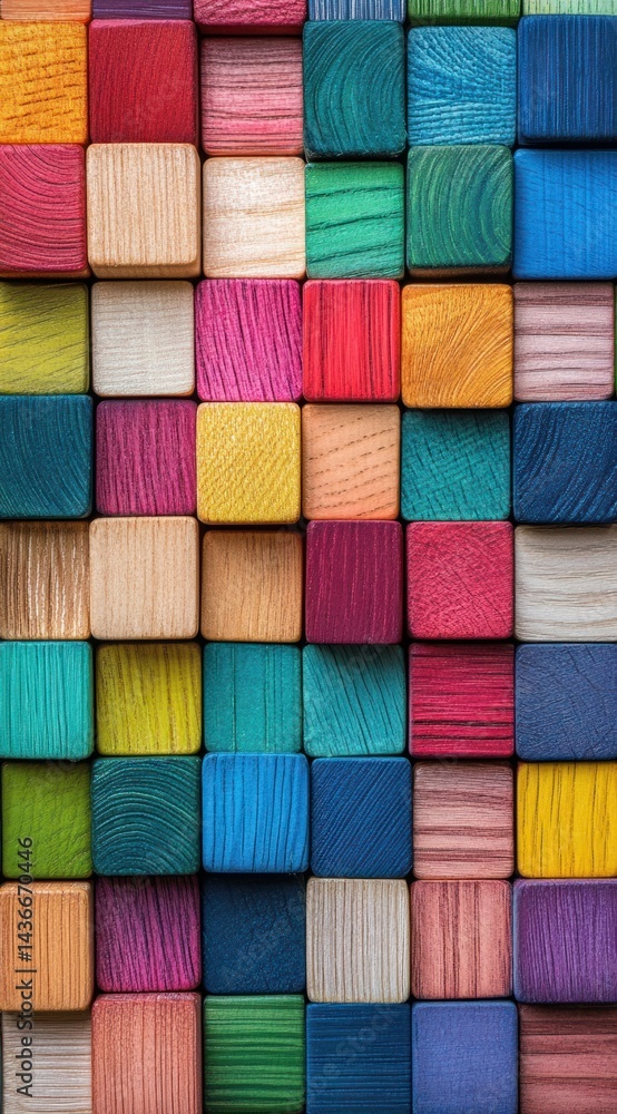 Colorful wooden blocks, arranged in a grid, creating a vibrant pattern, for education or art Colorful wooden blocks, arranged in a grid, creating a vibrant pattern, for education or art