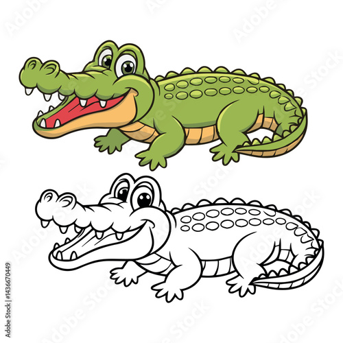 Happy cartoon crocodile illustration with coloring page green reptile animal kid fun cute book fauna