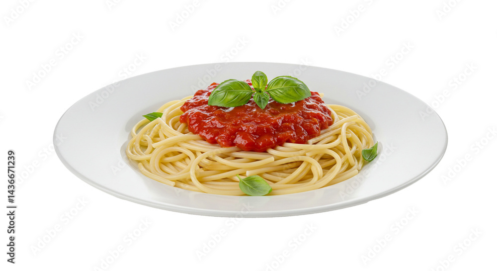 Delicious spaghetti with rich tomato sauce and fresh basil presented on a clean white plate. Delicious spaghetti with rich tomato sauce and fresh basil presented on a clean white plate.