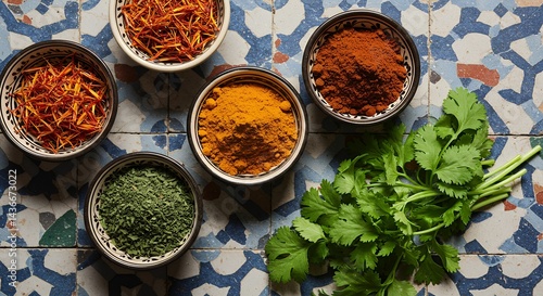 Fototapeta Naklejka Na Ścianę i Meble -  Assorted Herbs and Spices in Bowls on Colorful Moroccan Tile Background