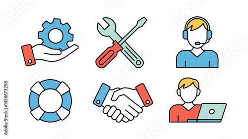 Service Icons Set: A collection of essential service icons, from customer support to technical assistance. Depicting the essence of reliability and professional support, the set includes gears.