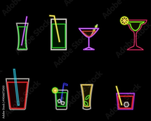 Exotic cocktails neon sign. Summer and vacation design. Night glowing neon sign, colorful billboard, banner.neon.