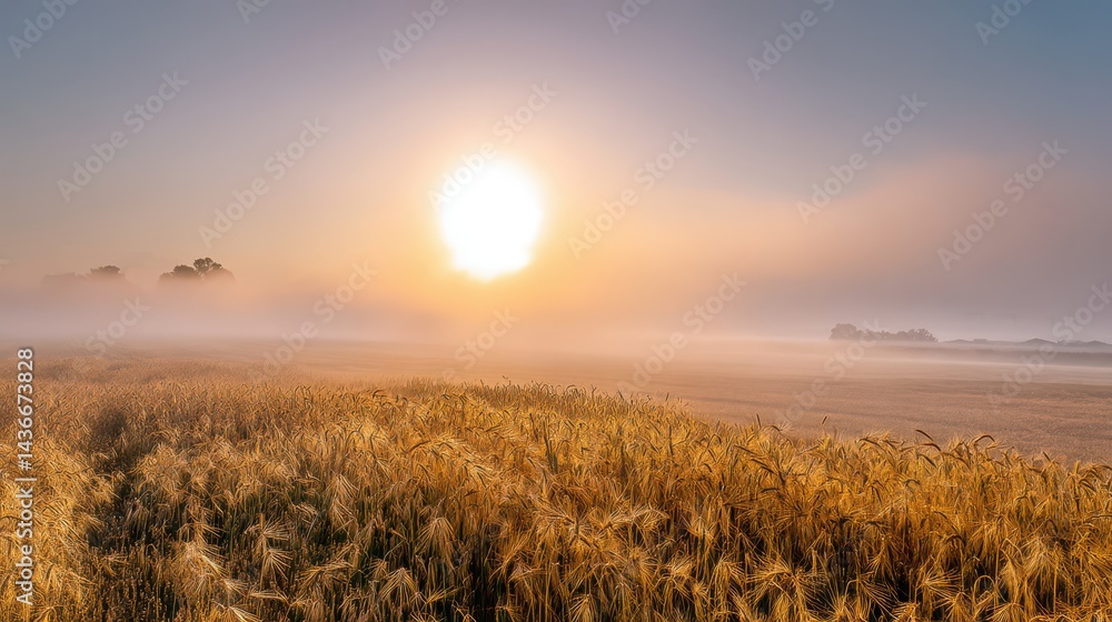 Fototapeta premium Beautiful sunrise over the field with morning mist