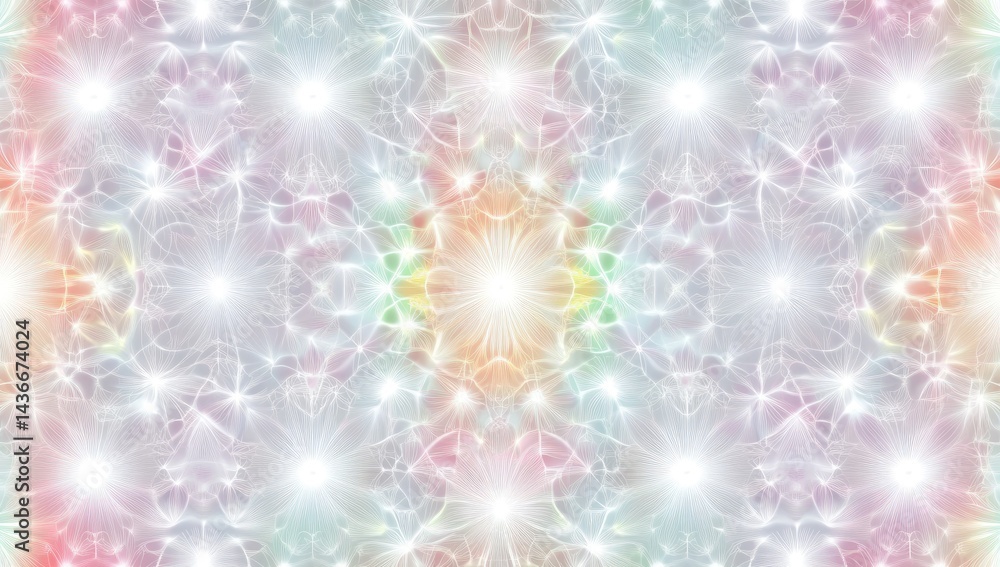 Abstract, luminous, repeating pattern of glowing floral designs. Soft pastel colors radiate from central points Abstract, luminous, repeating pattern of glowing floral designs. Soft pastel colors radiate from central points