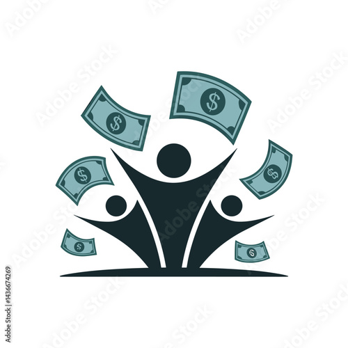 Financial Abundance: Illustrated figures rejoice as dollar bills rain down around them, symbolizing financial success, wealth and prosperity in a visually appealing manner.