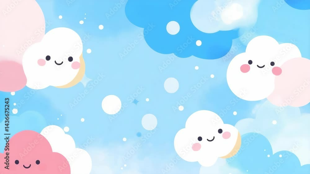 Cartoon illustration of smiling pink and white fluffy clouds floating in a light blue sky with scattered white dots and stars Cartoon illustration of smiling pink and white fluffy clouds floating in a light blue sky with scattered white dots and stars