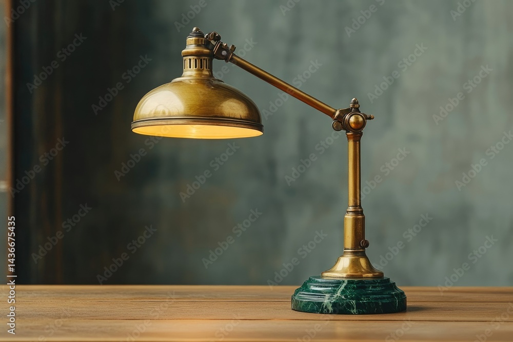 An antique brass desk lamp with a green marble base illuminates a wooden surface. An antique brass desk lamp with a green marble base illuminates a wooden surface.