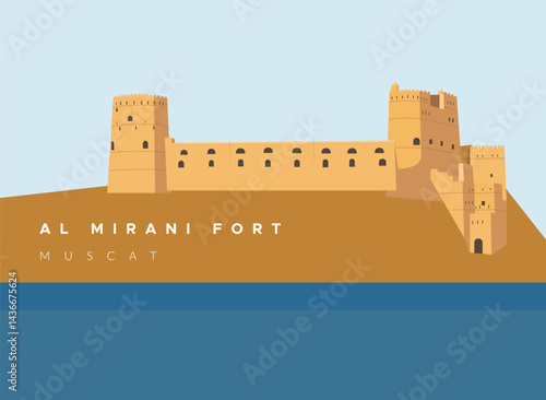 Al Mirani Fort located in the harbor of the Old Muscat Oman - Stock Illustration