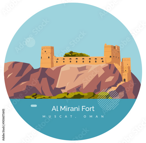 Al Mirani Fort located in the harbor of the Old Muscat Oman - Stock Illustration