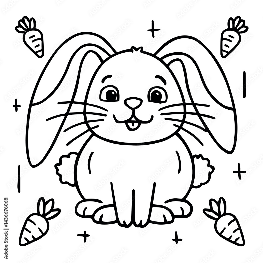 Obraz premium Adorable happy bunny rabbit with carrots illustration pet art cute kids icon black white sweet funny