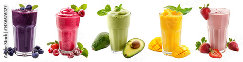 PNG Colorful fruity smoothies, refreshing delight, element set on transparent background