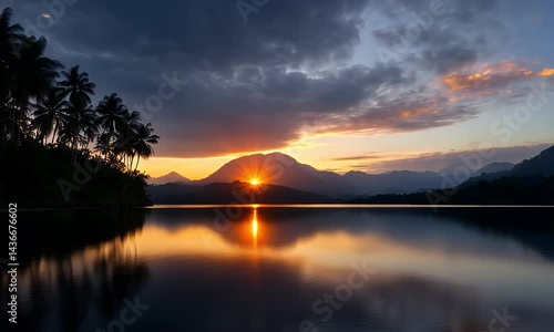 Golden sunrise over tropical lake