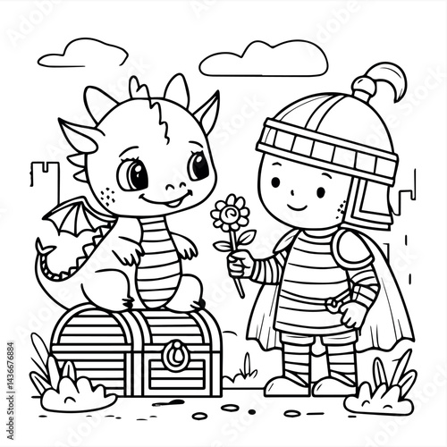 Wallpaper Mural Cute knight gives flower to adorable baby dragon near treasure chest art book page gift line child Torontodigital.ca