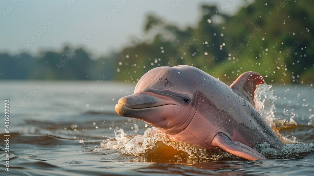Fototapeta premium Rare pink river dolphin emerging from the Amazon River sunlight reflecting off its smooth skin cinematic wildlife shot
