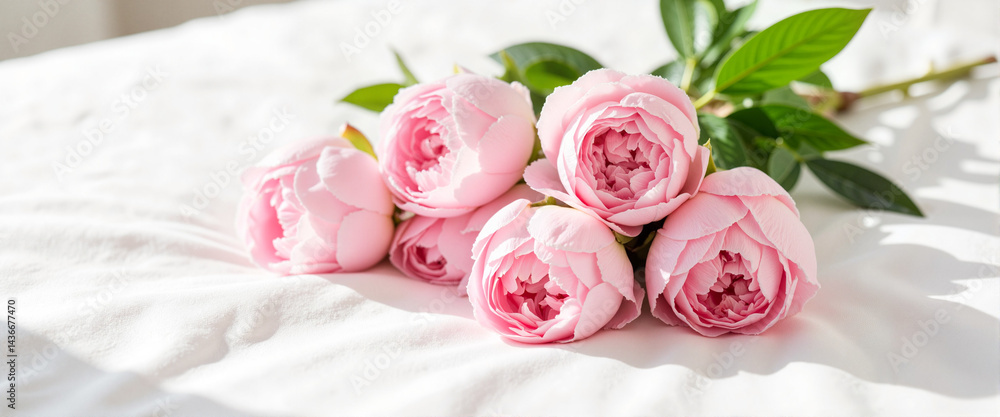 Elegant pink peonies arranged on white bed sheets, floral beauty Elegant pink peonies arranged on white bed sheets, floral beauty