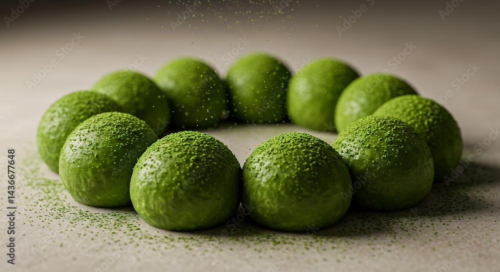 Green Matcha Balls Circle Arrangement with Powder Dusting for Dessert Concept Green Matcha Balls Circle Arrangement with Powder Dusting for Dessert Concept