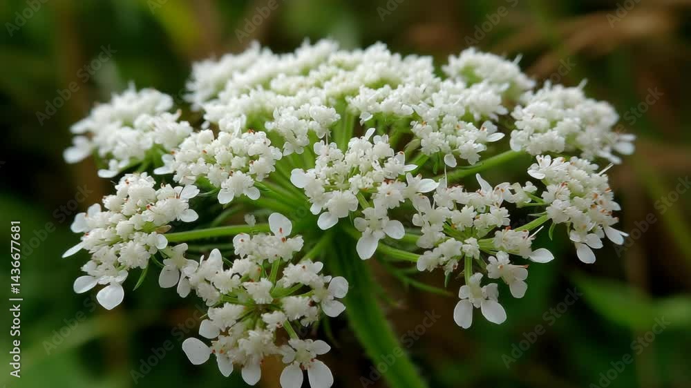 Close-up of wild carrot flower head with delicate white blossoms clustered in a botanical garden setting Close-up of wild carrot flower head with delicate white blossoms clustered in a botanical garden setting