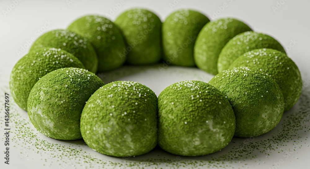 Matcha Mochi Balls Arranged in a Circle with Powdered Sugar Matcha Mochi Balls Arranged in a Circle with Powdered Sugar
