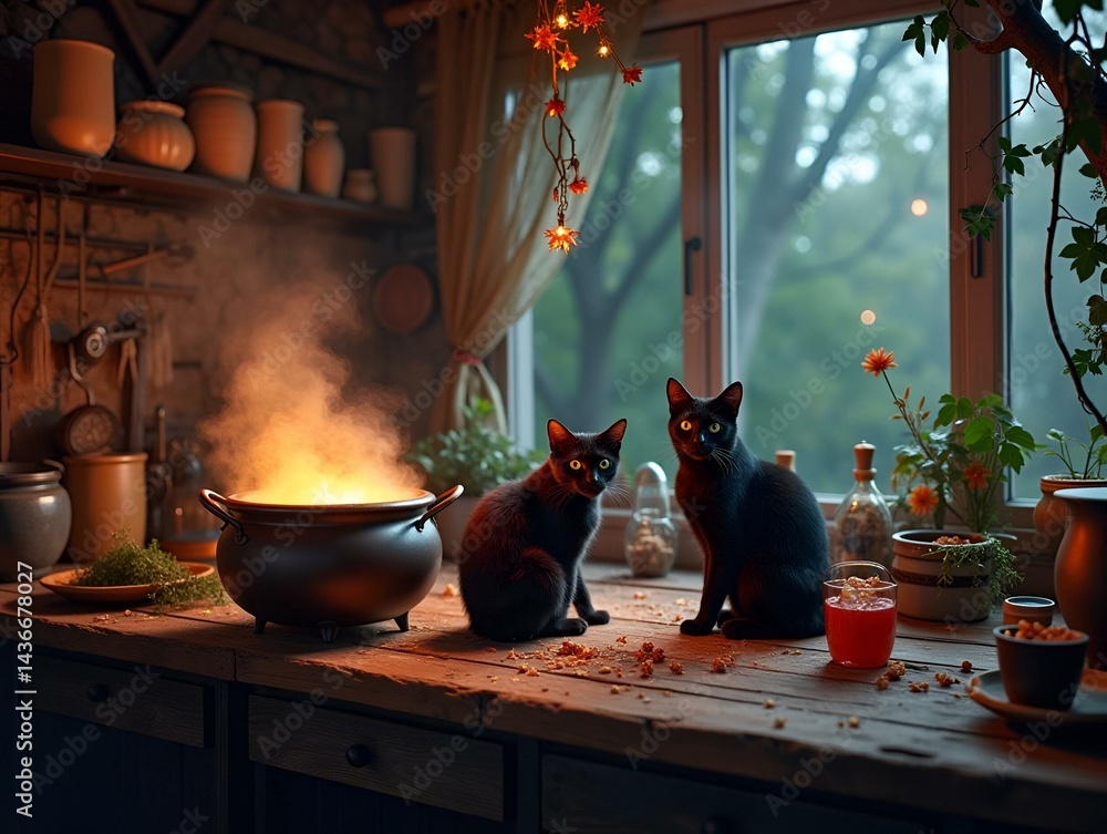 A witchs kitchen with bubbling cauldrons, magical ingredients, and black cats, high-resolution photo, realistic photo