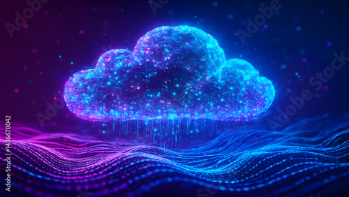 Glowing digital cloud composed of neon particles floats above vibrant wave of blue and purple light, creating futuristic tech scene