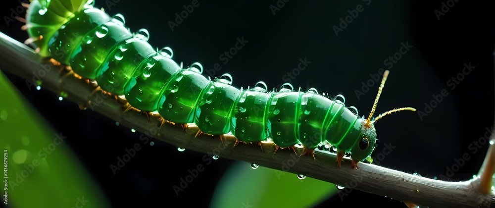 Naklejka premium Sharp macro shot of emerald green caterpillar adorned with tiny water droplets crawling along a pale branch