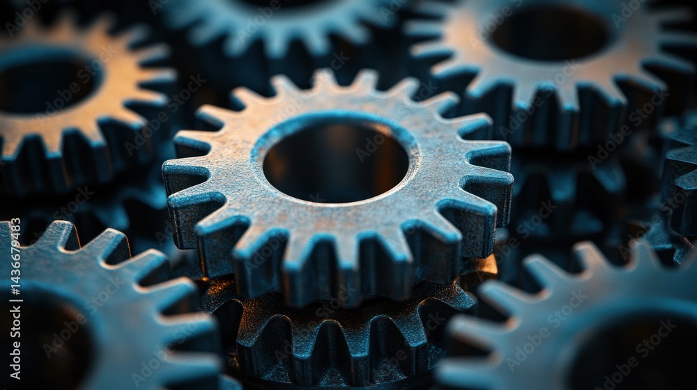 Interlocking metal gears in a close-up view with blue and silver tones. Interlocking metal gears in a close-up view with blue and silver tones.