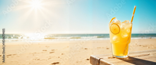 Refreshing glass of lemonade with ice by sandy beach, summer joy