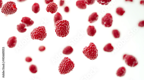 Fresh tasty rasberries falling on a white background.