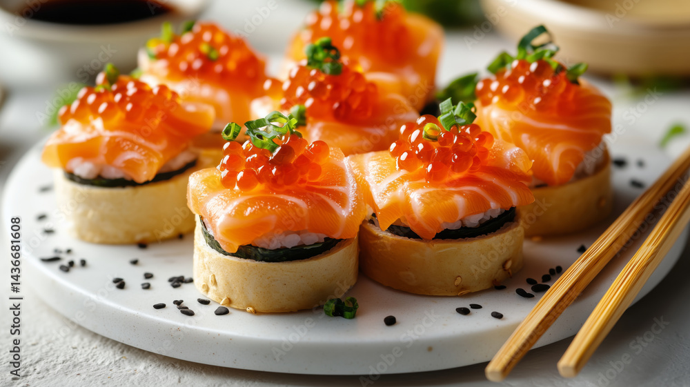 Delightful mini sushi with salmon and caviar showcasing modern fusion cuisine Delightful mini sushi with salmon and caviar showcasing modern fusion cuisine