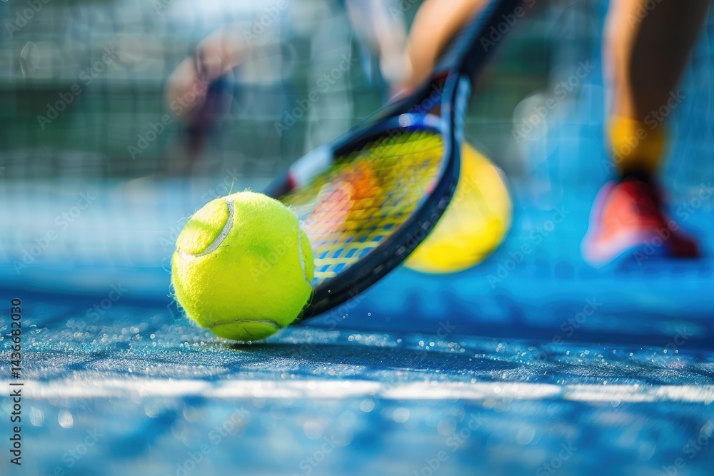 Yellow Tennis Ball and Racket on Vibrant Court