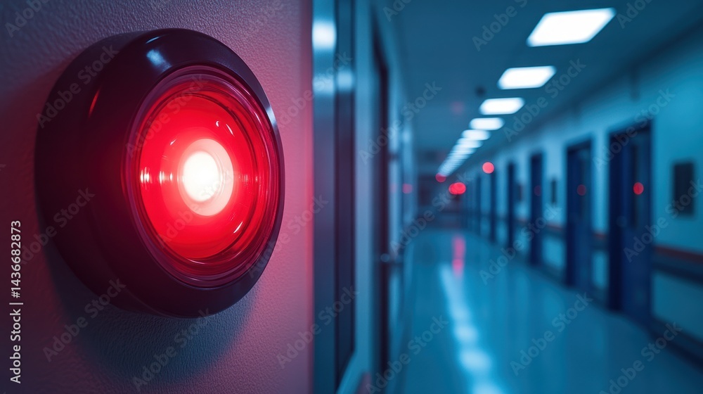 Fototapeta premium Red emergency light on wall in hospital hallway with doors in background.