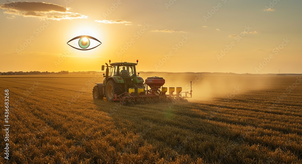 Fototapeta premium Tractor Plowing Field at Sunset Agriculture in Action