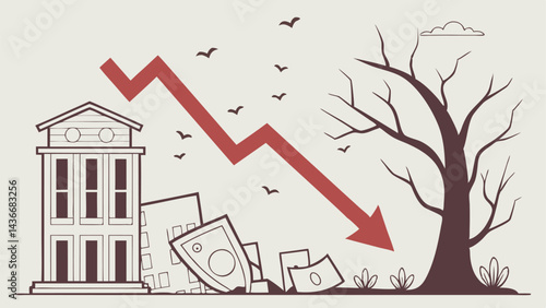 Economic Downturn Visual Metaphor with Domino Effect Vector Art