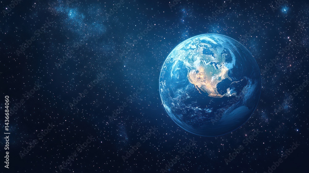 Earth planet view from space with stars and nebulae in background.