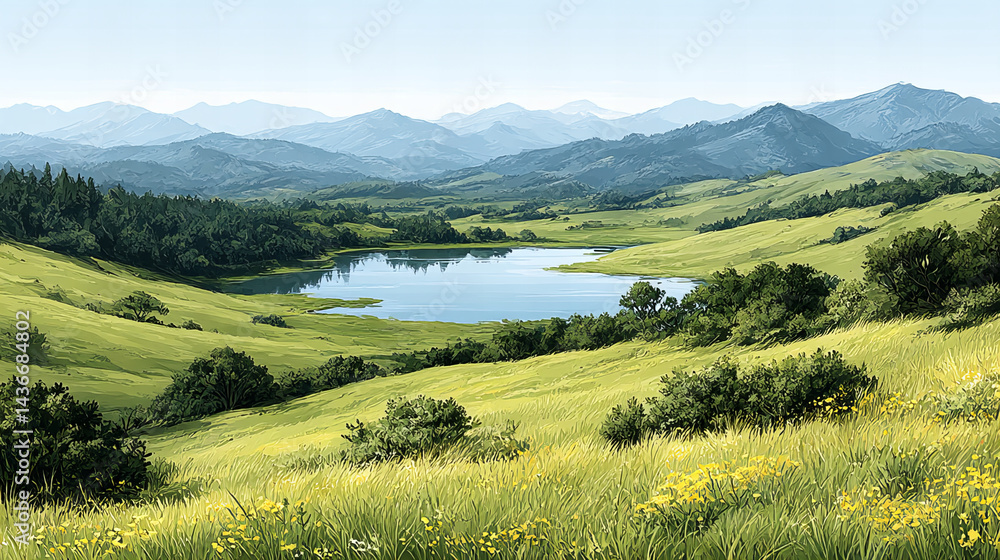 Naklejka premium Pixelated Meadow Landscape With Lake And Hills