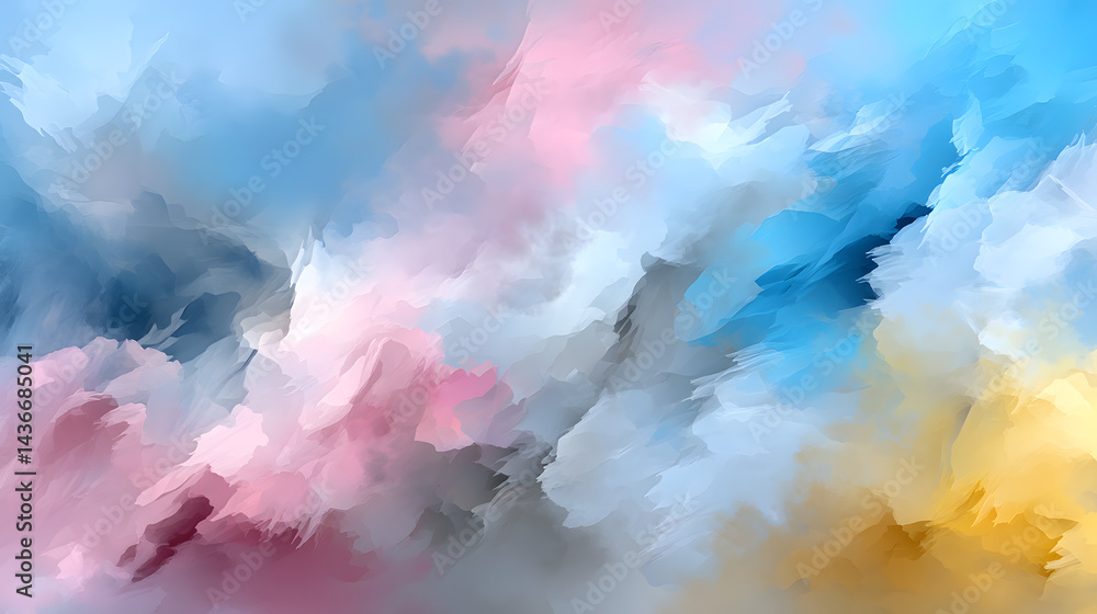 Fototapeta premium An abstract background texture with pastel tones of sky blue, soft yellow, and light pink, creating a calm, serene, and peaceful atmosphere.