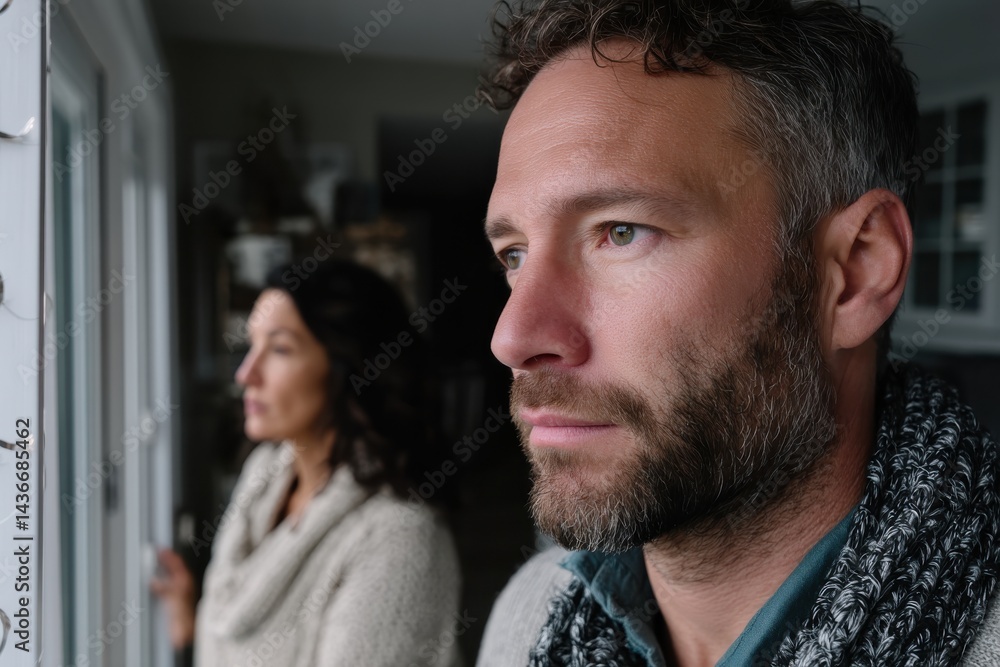 Fototapeta premium Two individuals share a moment of contemplation while looking out a window, revealing the emotional depth of human connection and introspection in quiet spaces.