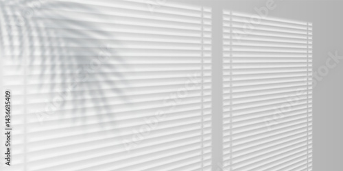  Bright Sunlight Through Window Blinds with Palm Leaf Shadow, Minimal White Interior Background, Relaxed and Fresh Atmosphere for Web, Branding, and Print Projects. Vector Illustration