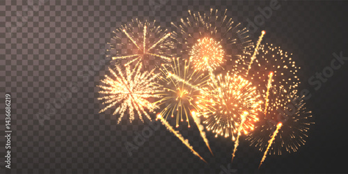 Firework Explosion with Shining Golden Sparks and Bright Lights on Transparent Background, Perfect for Celebration, New Year, Holiday Party, Luxury Event or Festival Designs. Vector Illustration