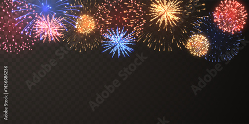 Colorful Firework Explosions in Red, Blue, and Gold Lights on Dark Transparent Background, Perfect for Party, Celebration, Festival, Holiday, and New Year Designs. Vector Illustration