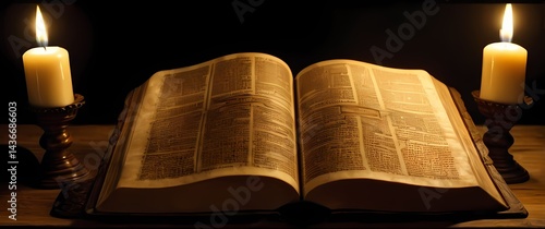 Open old Bible page with archaic text illuminated by flickering candles on richly carved wooden stand