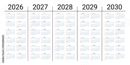 Five Year Calendar 2026 to 2030 with Simple Minimal Layout, Clean Design, Full Year Overview for Long-Term Planning, Business, and Personal Organization. Easy to Read Grid. Vector Illustration
